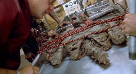 Don Calfa interrogates a zombie.