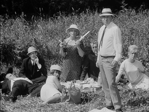 The picnic-goers watch a wedding party go by.